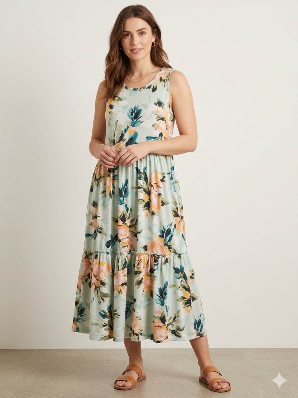 Emma & Michele Mint Floral Sleeveless Tiered Maxi Dress